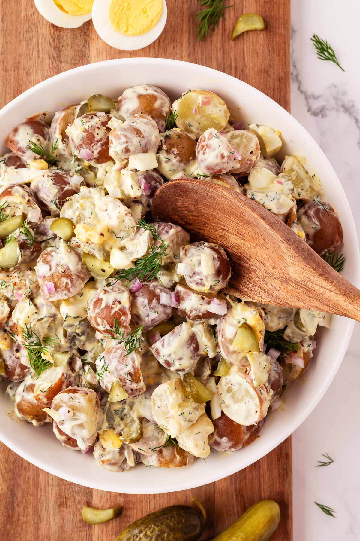 closer up photo of potato salad in bowl