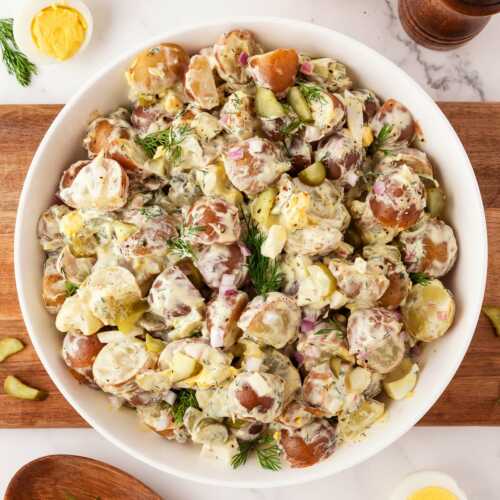 dill pickle potato salad in bowl