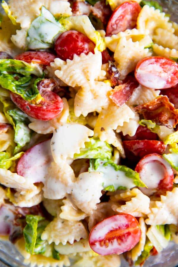 close up photo of blt pasta salad