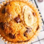 close up photo of a chocolate chip banana muffin