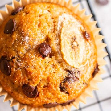 close up photo of a chocolate chip banana muffin