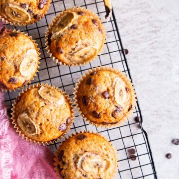 cooling rack with chocolate chip banana muffins