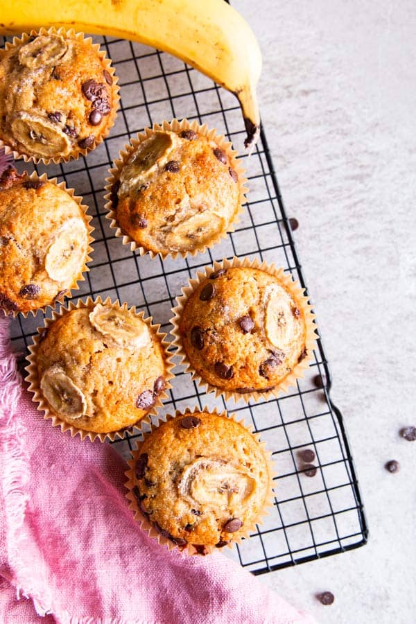 cooling rack with chocolate chip banana muffins