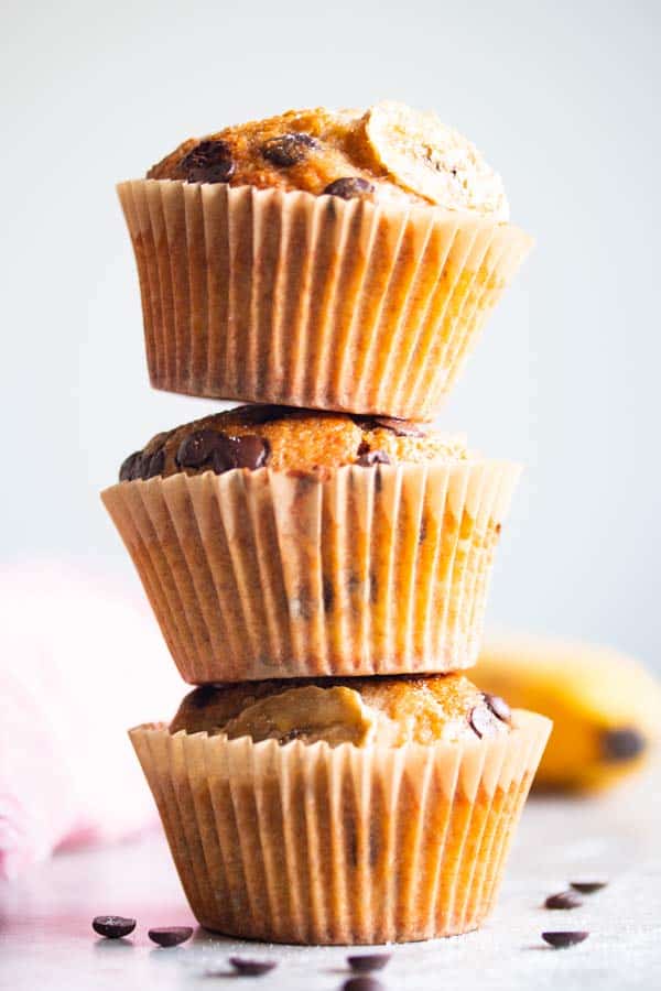 stack of three chocolate chip banana muffins