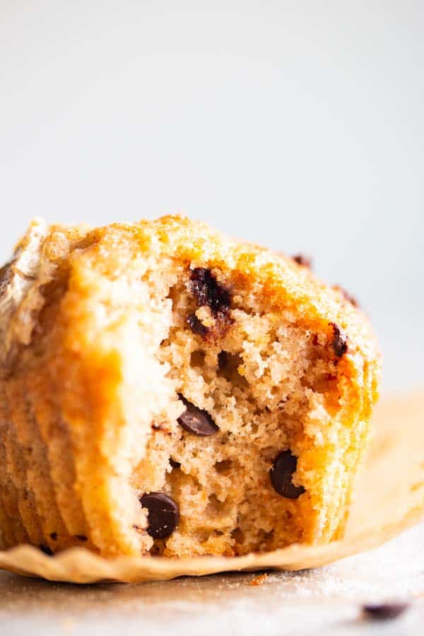 close up of the inside of a chocolate chip banana muffin