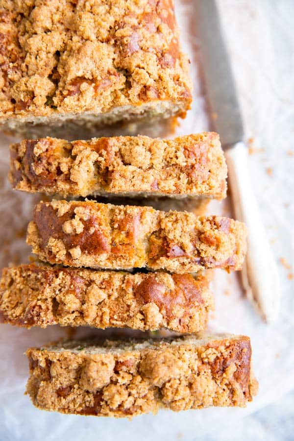 top of a cinnamon swirl zucchini bread with streusel