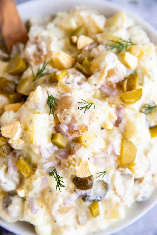 closeup photo of creamy dill potato salad
