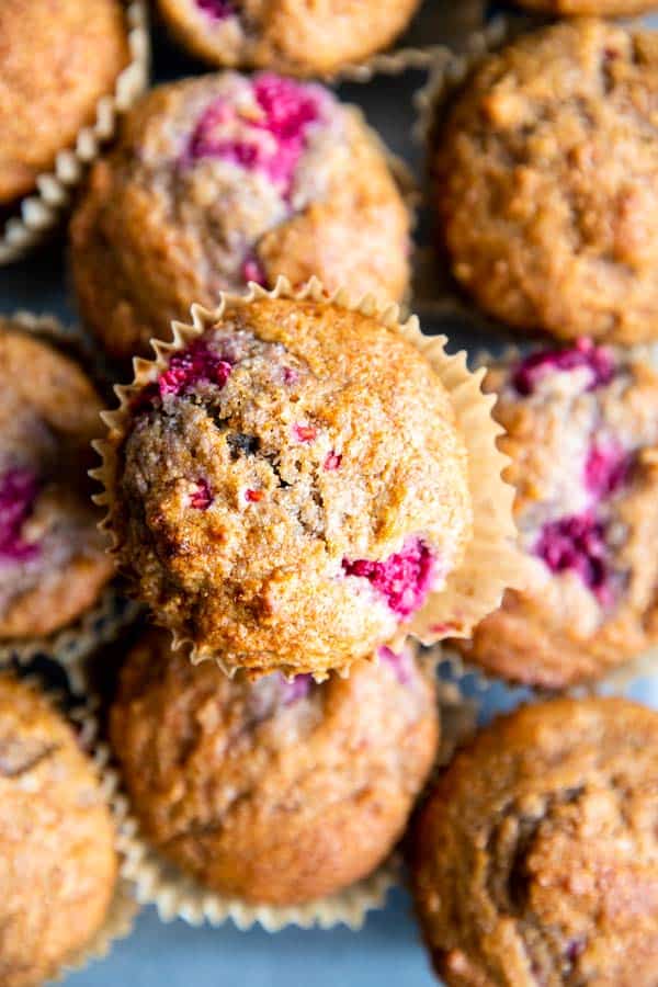 Raspberry muffins piled up