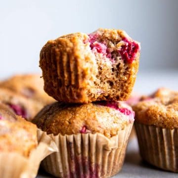 stack of Greek yogurt raspberry muffins