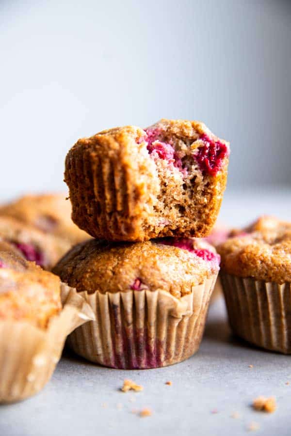 stack of Greek yogurt raspberry muffins