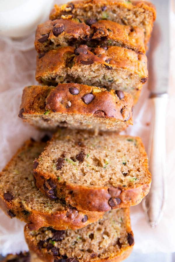 sliced chocolate chip zucchini bread on a piece of baking parchment