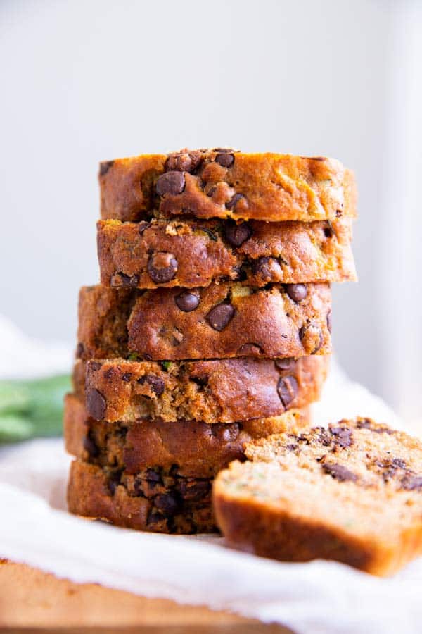 stack of sliced chocolate chip zucchini bread