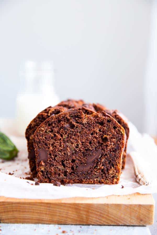 chocolate zucchini bread on a wooden board