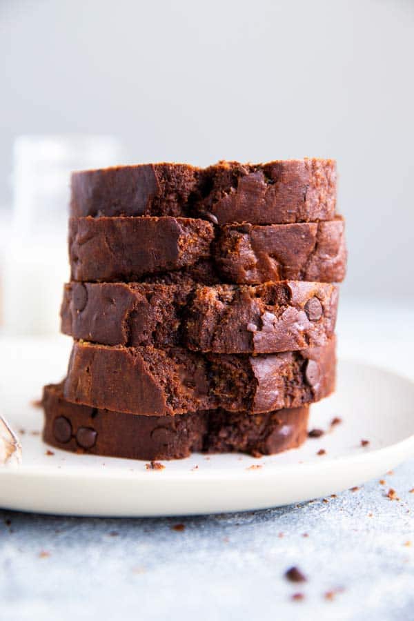 a stack of healthy chocolate zucchini bread on a plate