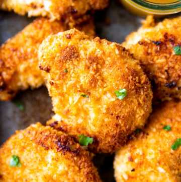 close up photo of crispy oven fried coconut chicken