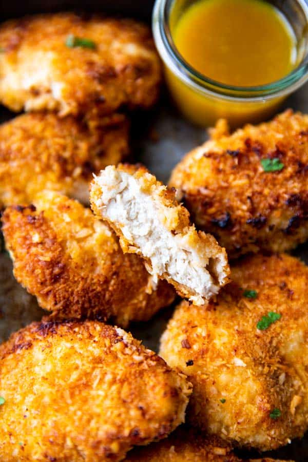 inside of crispy oven fried coconut chicken