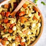 large bowl with pesto pasta salad