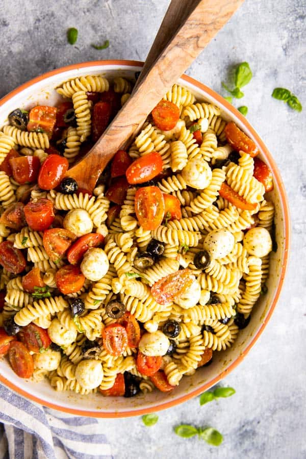 large bowl with pesto pasta salad