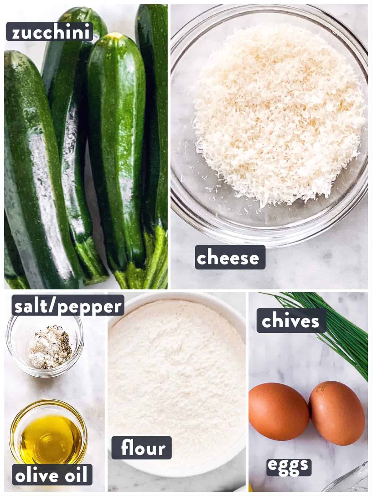 ingredients for zucchini fritters with text labels