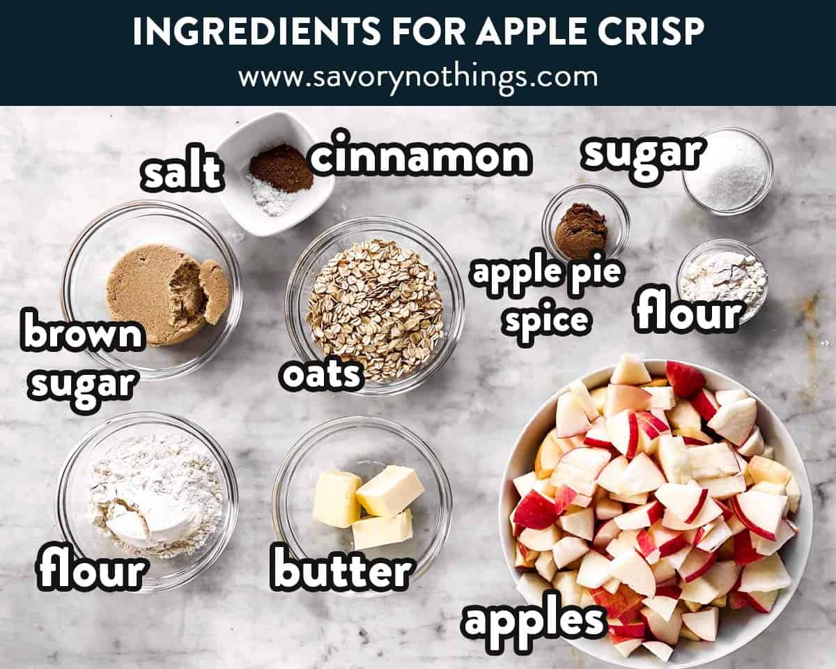 ingredients for apple crisp with text labels