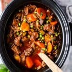 top view on crock pot filled with beef stew