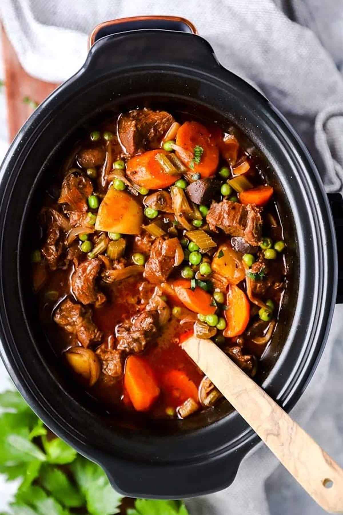 top view on crock pot filled with beef stew