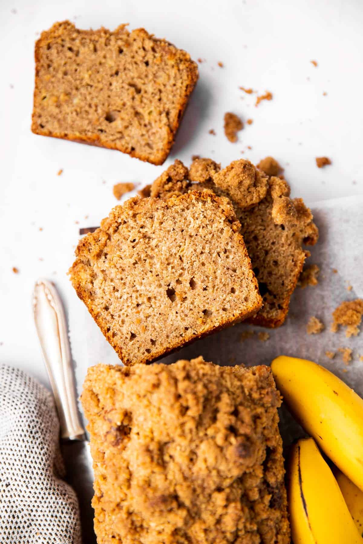 slices of banana bread on a light surface