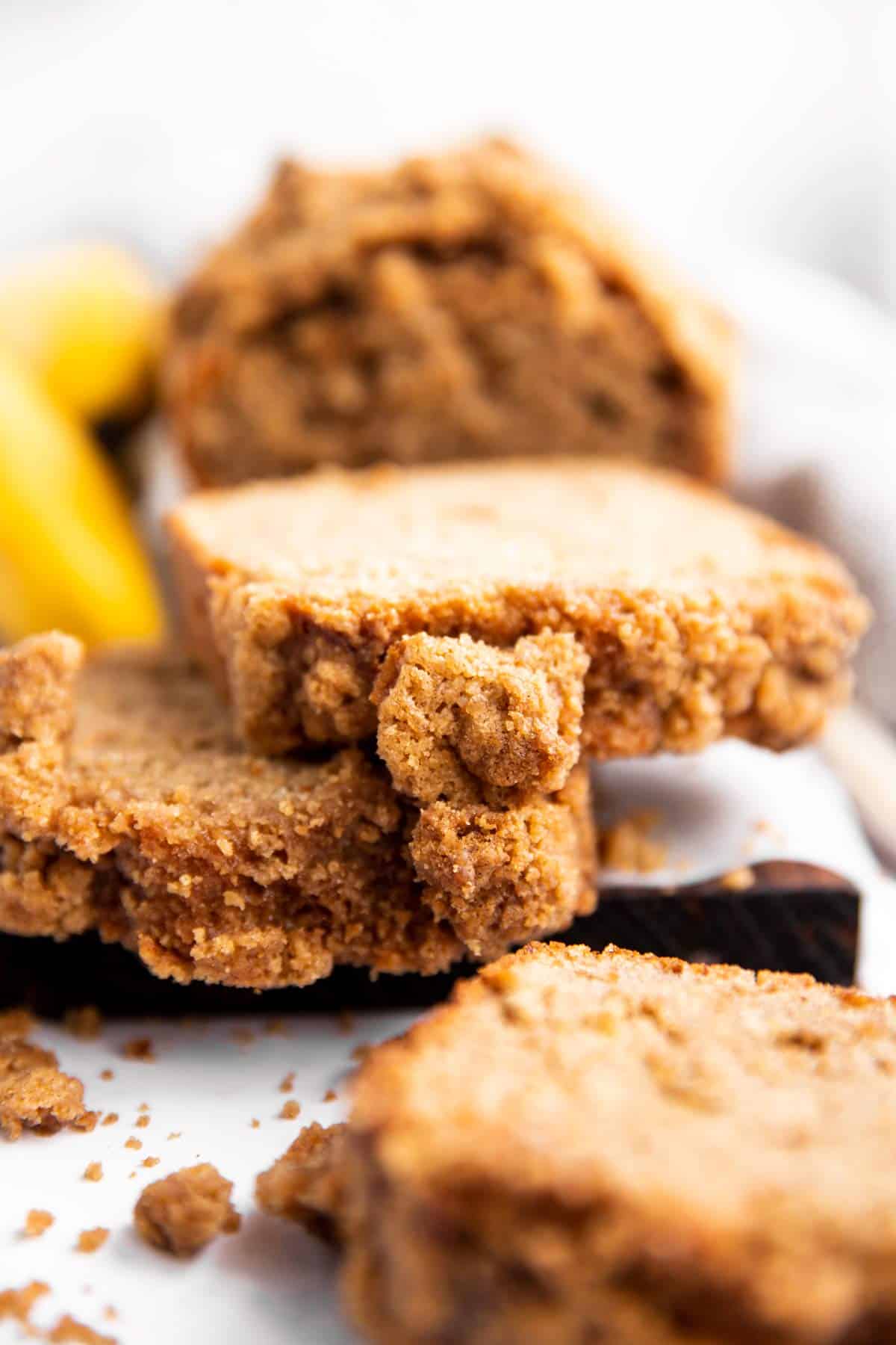 close up photo of crumb topping on banana bread