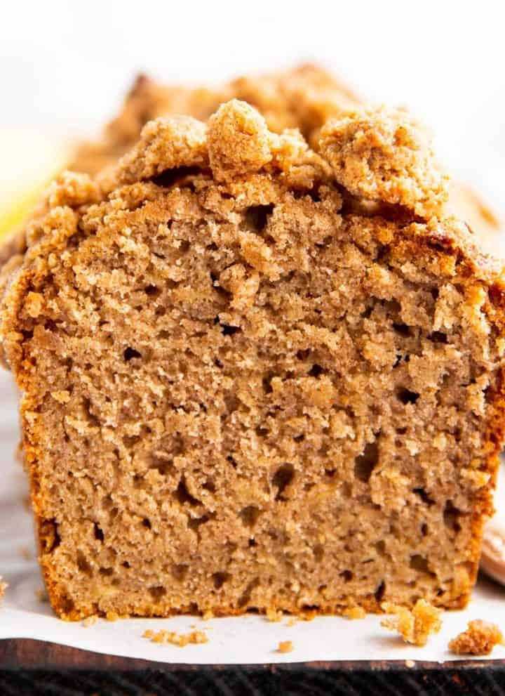 close up photo of a sliced banana bread