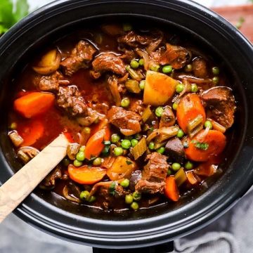 top view on crock pot filled with beef stew