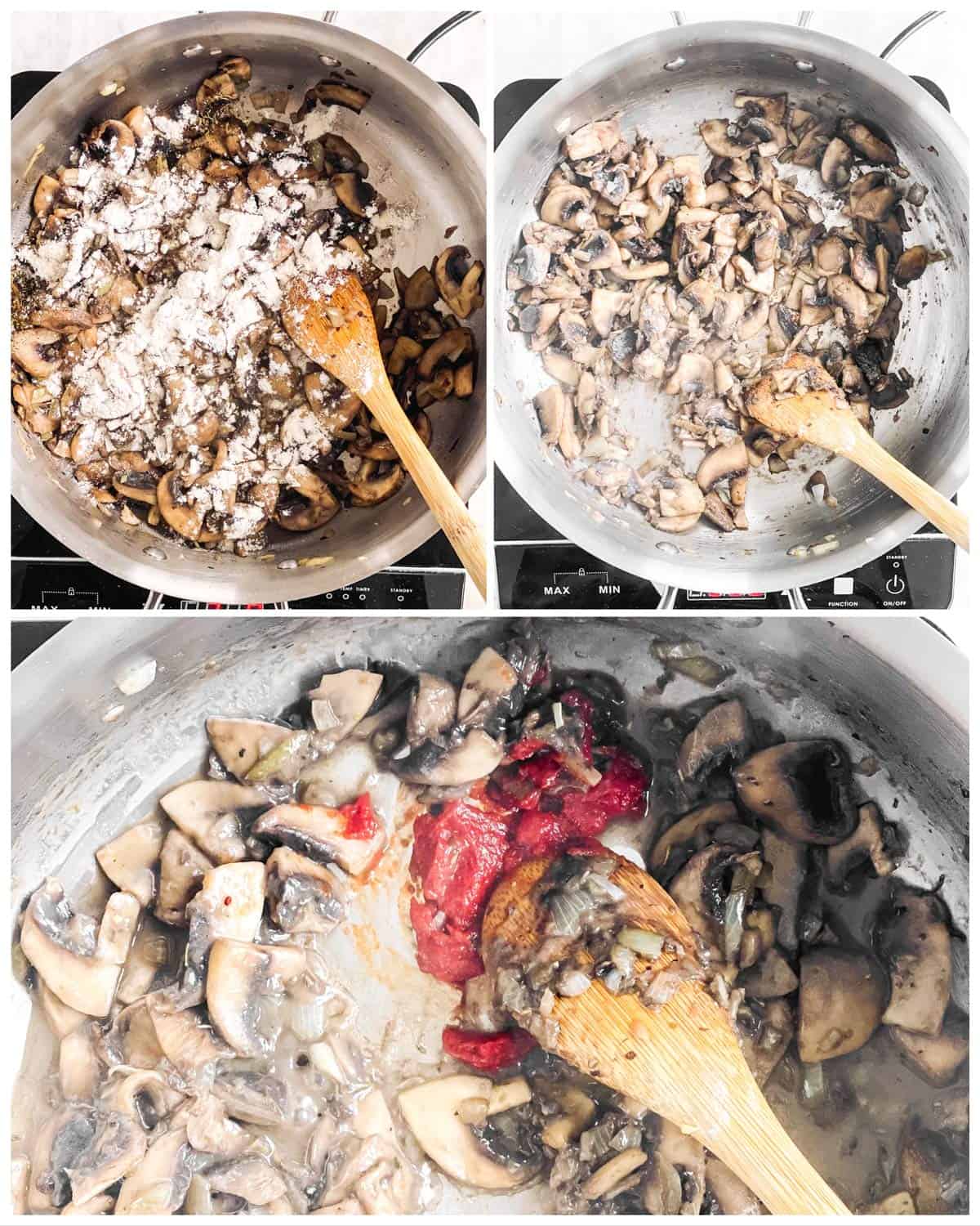 photo collage to show how to season sautéed mushrooms 