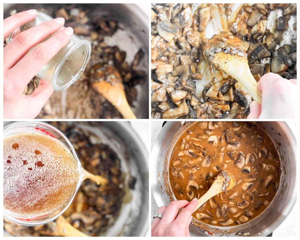 photo collage to show how to deglaze a pan for mushroom gravy