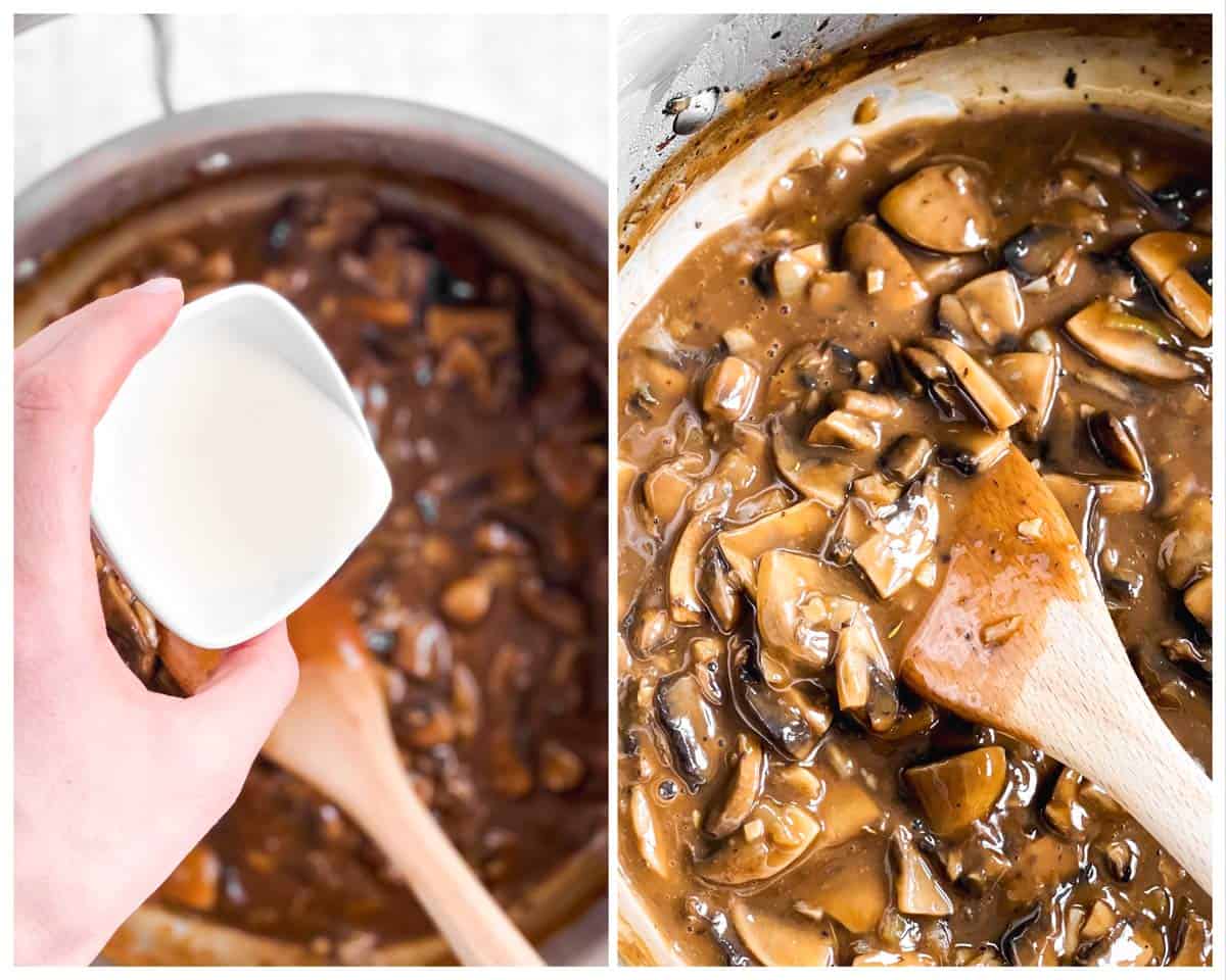 photo collage to show how to finish mushroom gravy