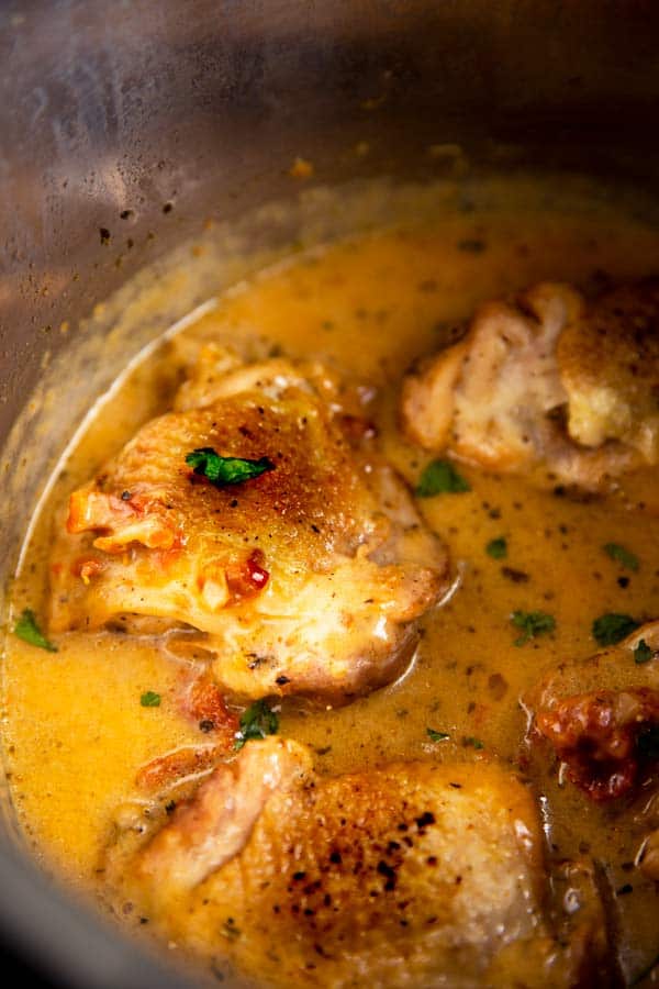 close up photo of sun-dried tomato chicken thighs in an instant pot