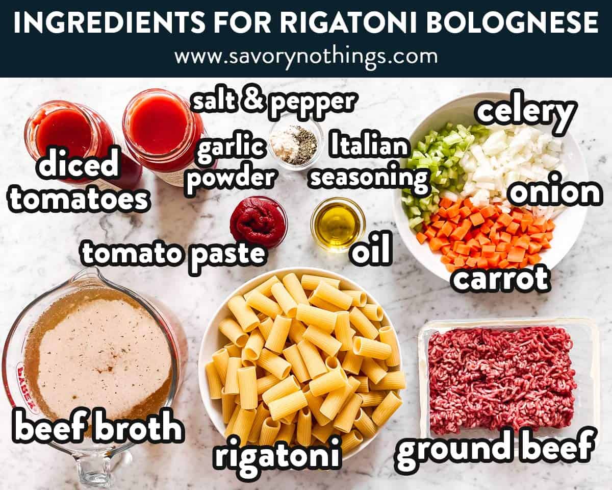 ingredients for Rigatoni Bolognese with text labels