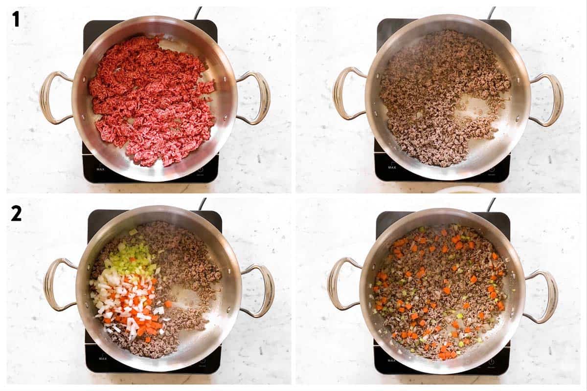 photo collage to show how to brown beef and vegetables for Bolognese sauce