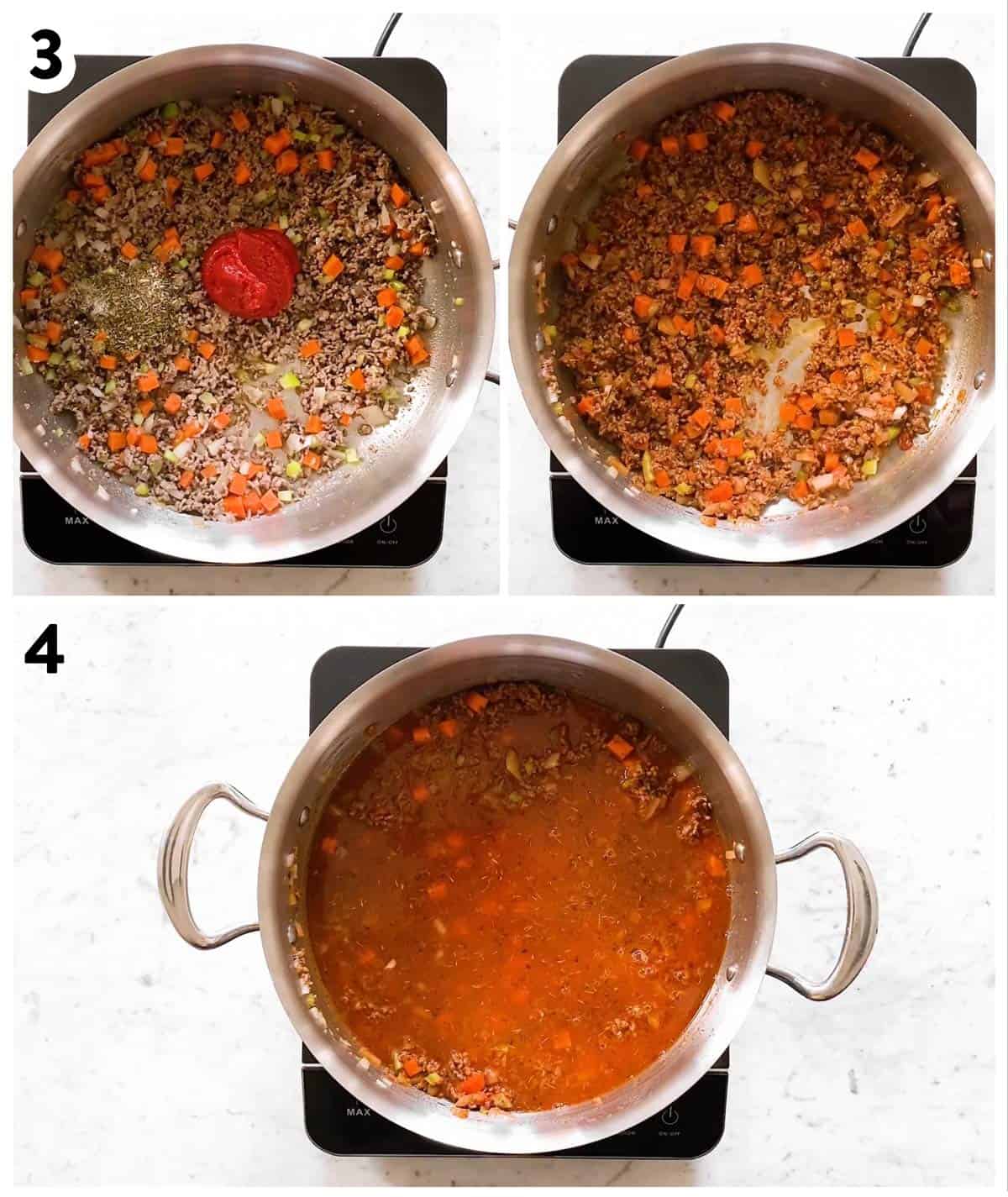 photo collage to show how to make sauce for Rigatoni Bolognese