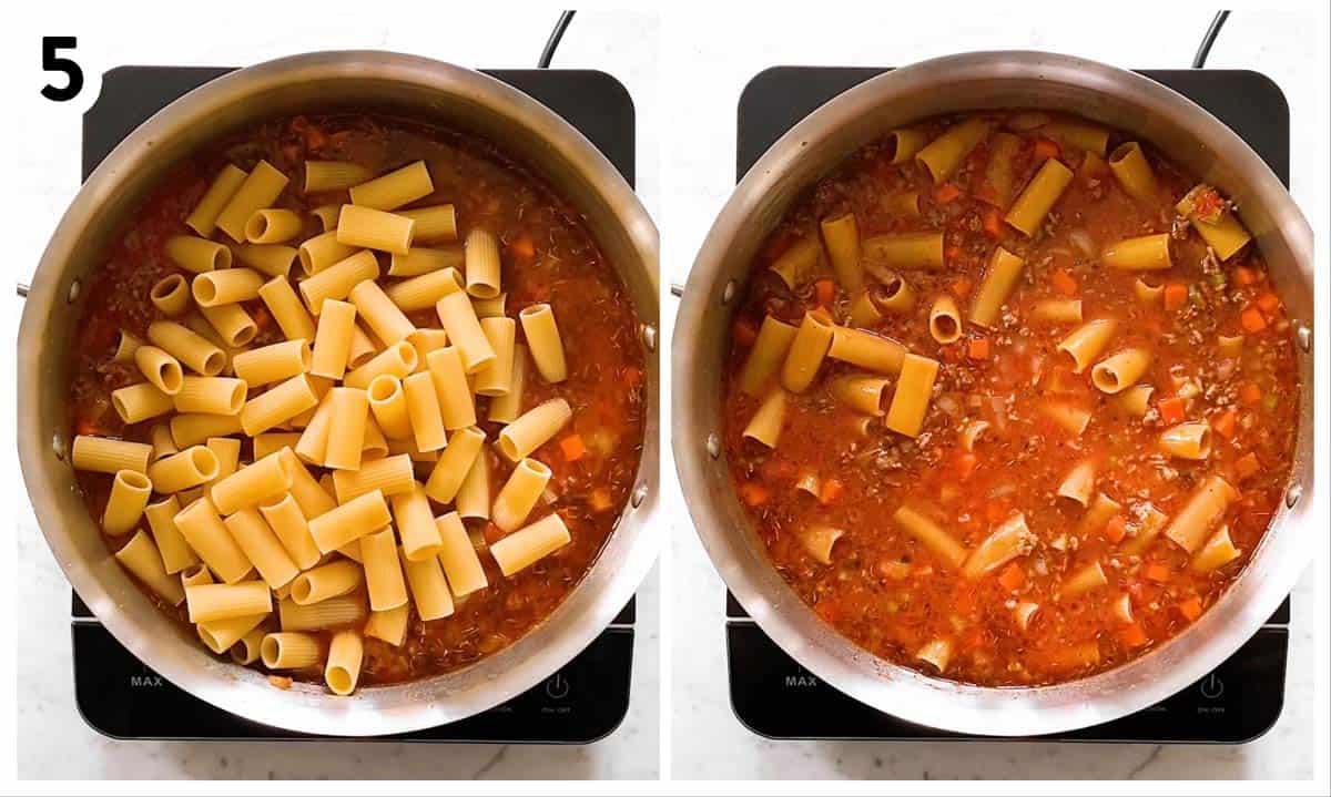 photo collage to show uncooked rigatoni in bolognese sauce