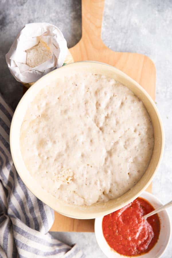 bowl with homemade pizza dough, tomato sauce and flour on the side