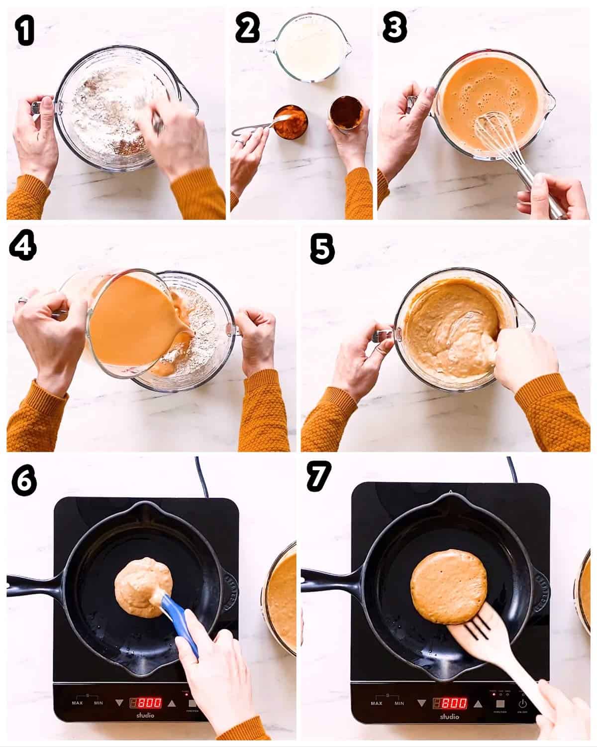 collage of steps to make pumpkin pancakes