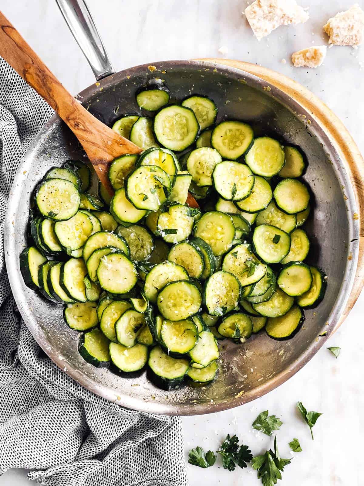 overhead view of pan with sautéed zucchini slices