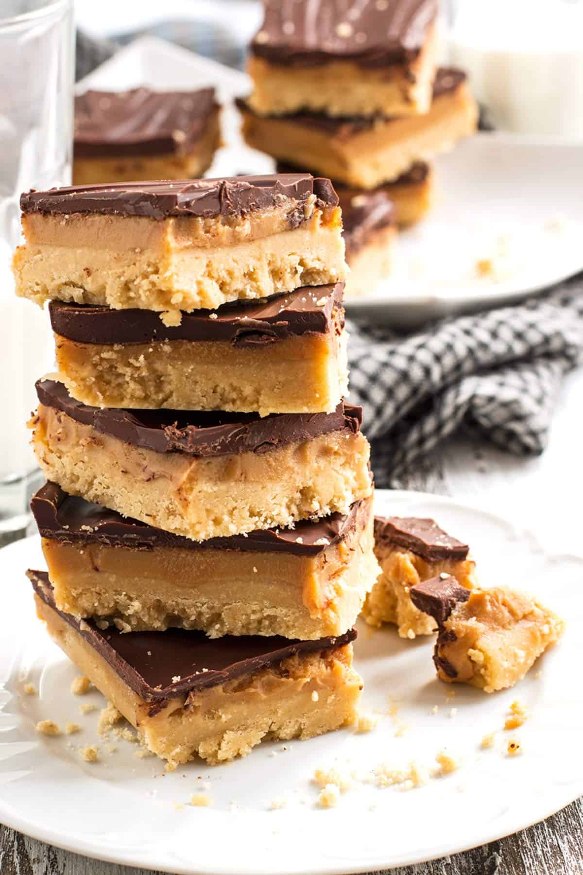 stack of no bake millionaire's shortbread bars