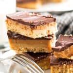 close up photo of a stack of millionaire's shortbread bars
