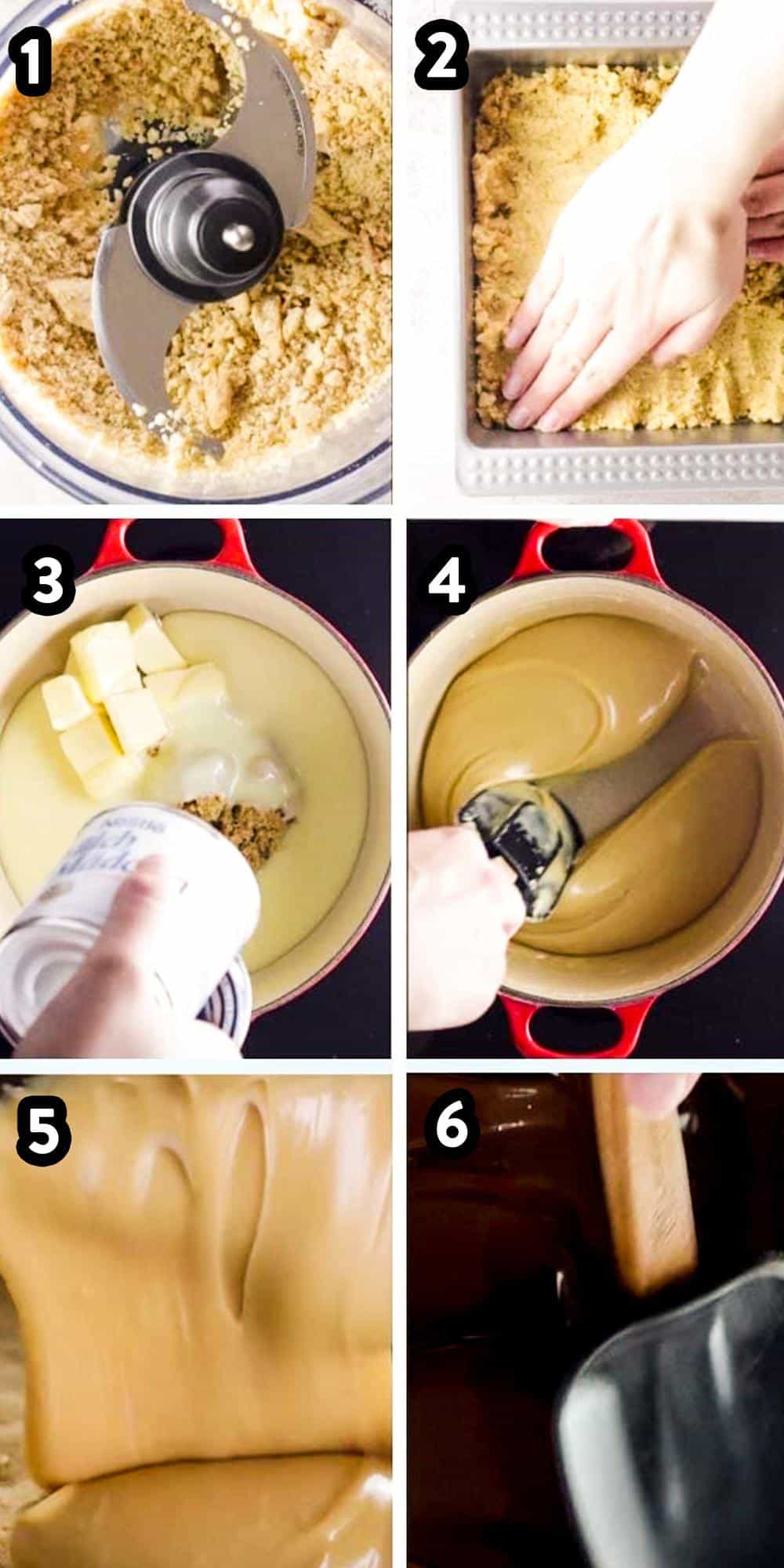 collage of photos to show steps to make millionaire's shortbread bars