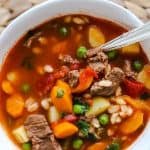 bowl with beef barley soup