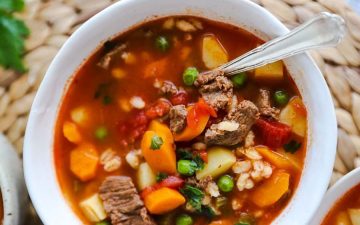 bowl with beef barley soup