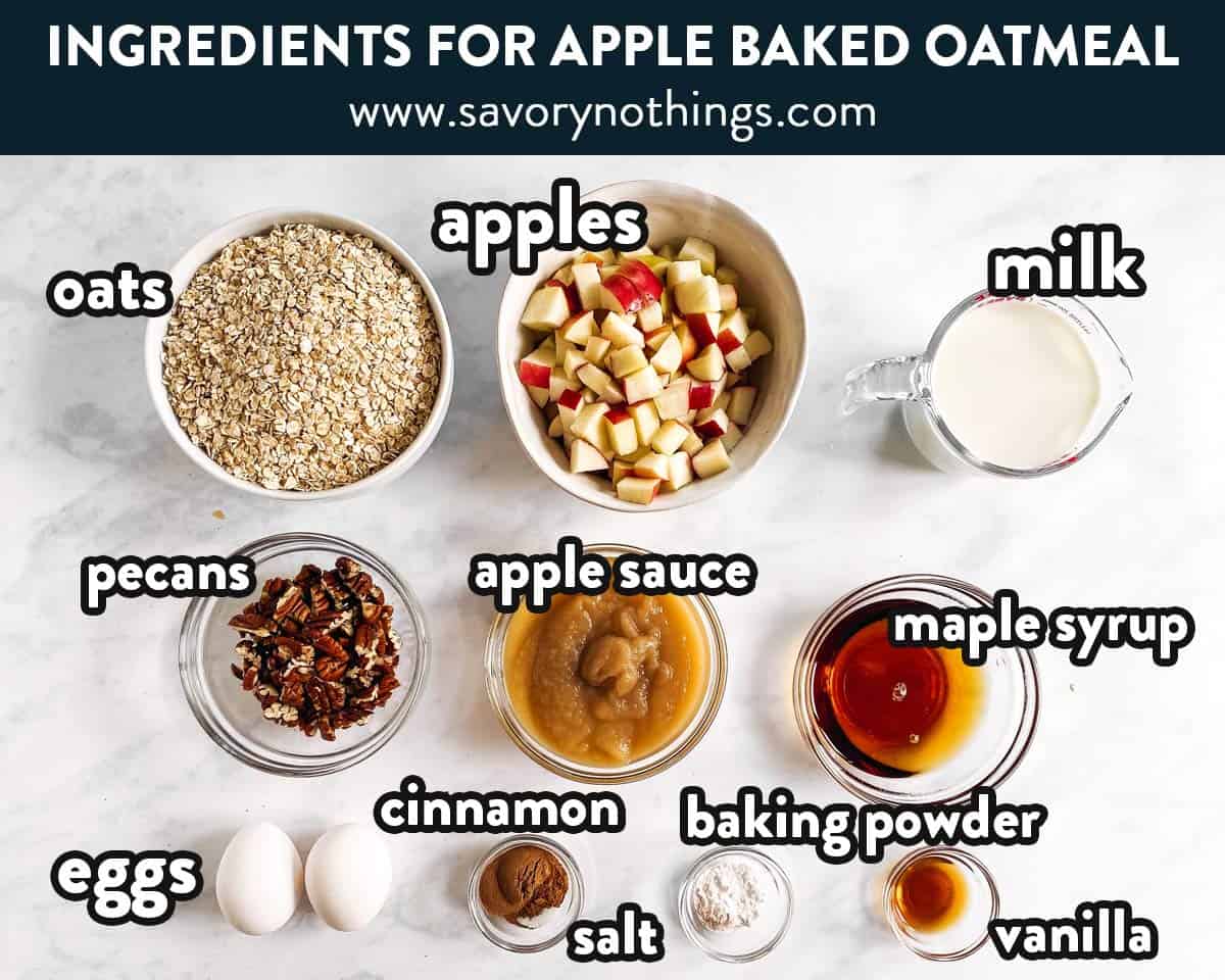 ingredients for apple baked oatmeal with text labels