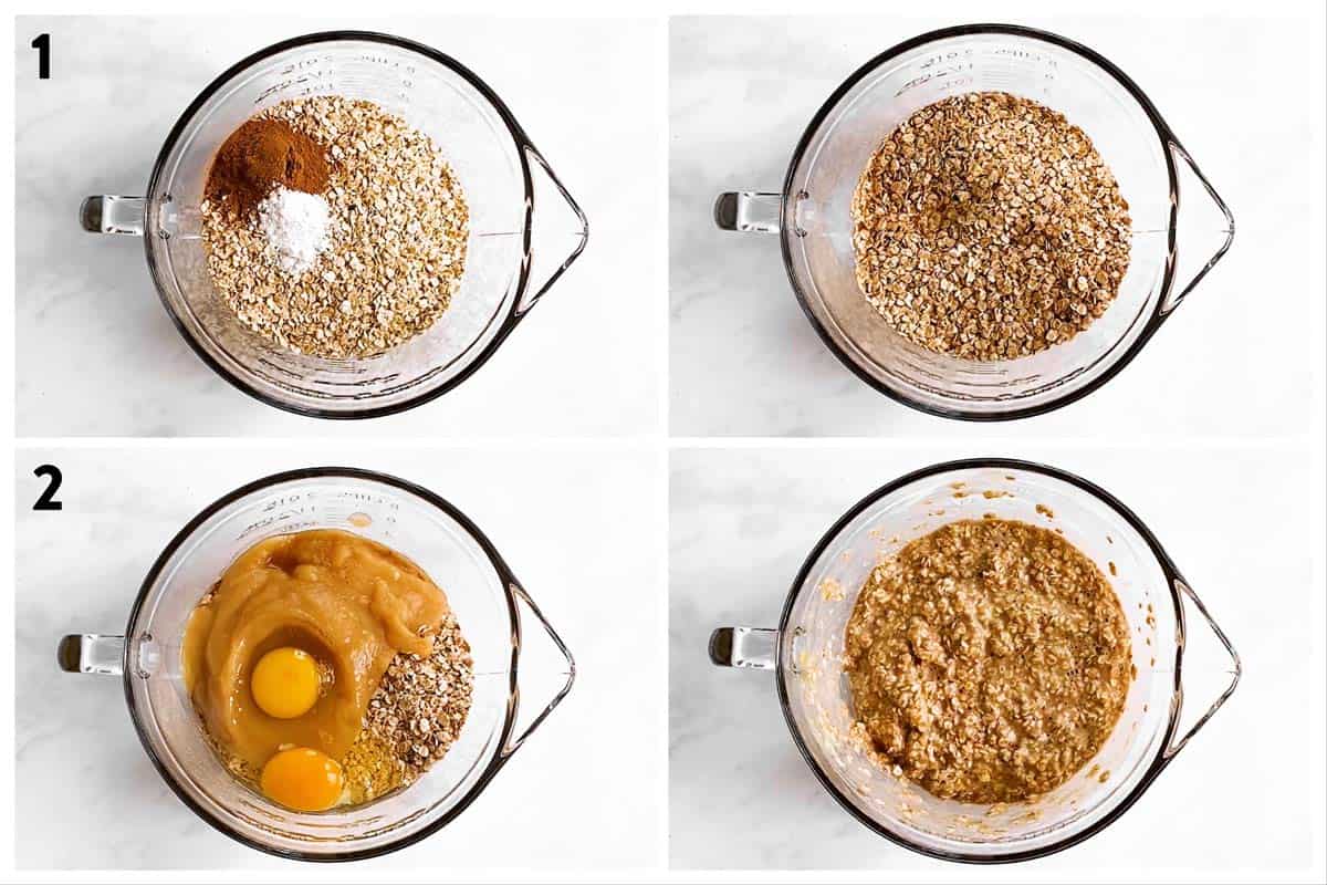 photo collage to show how to combine ingredients for baked oatmeal