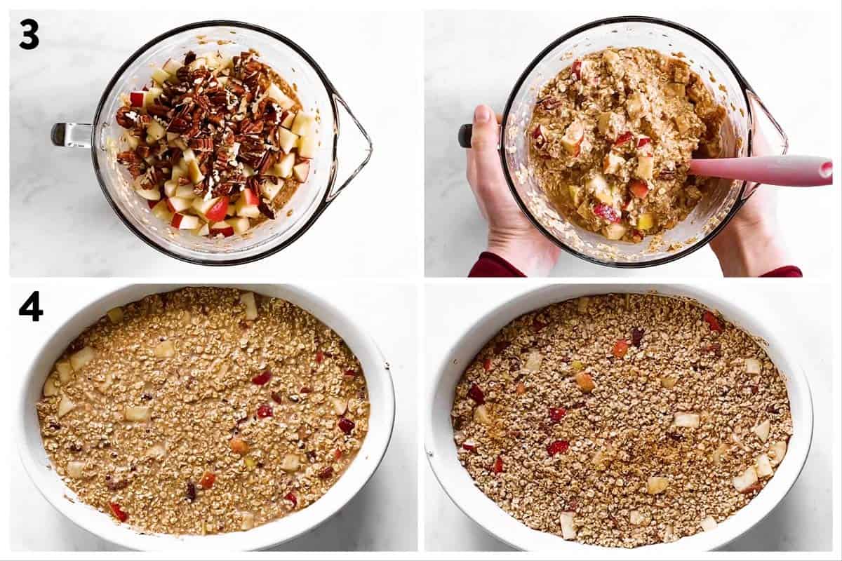 photo collage to show how to assemble apple baked oatmeal in a casserole dish