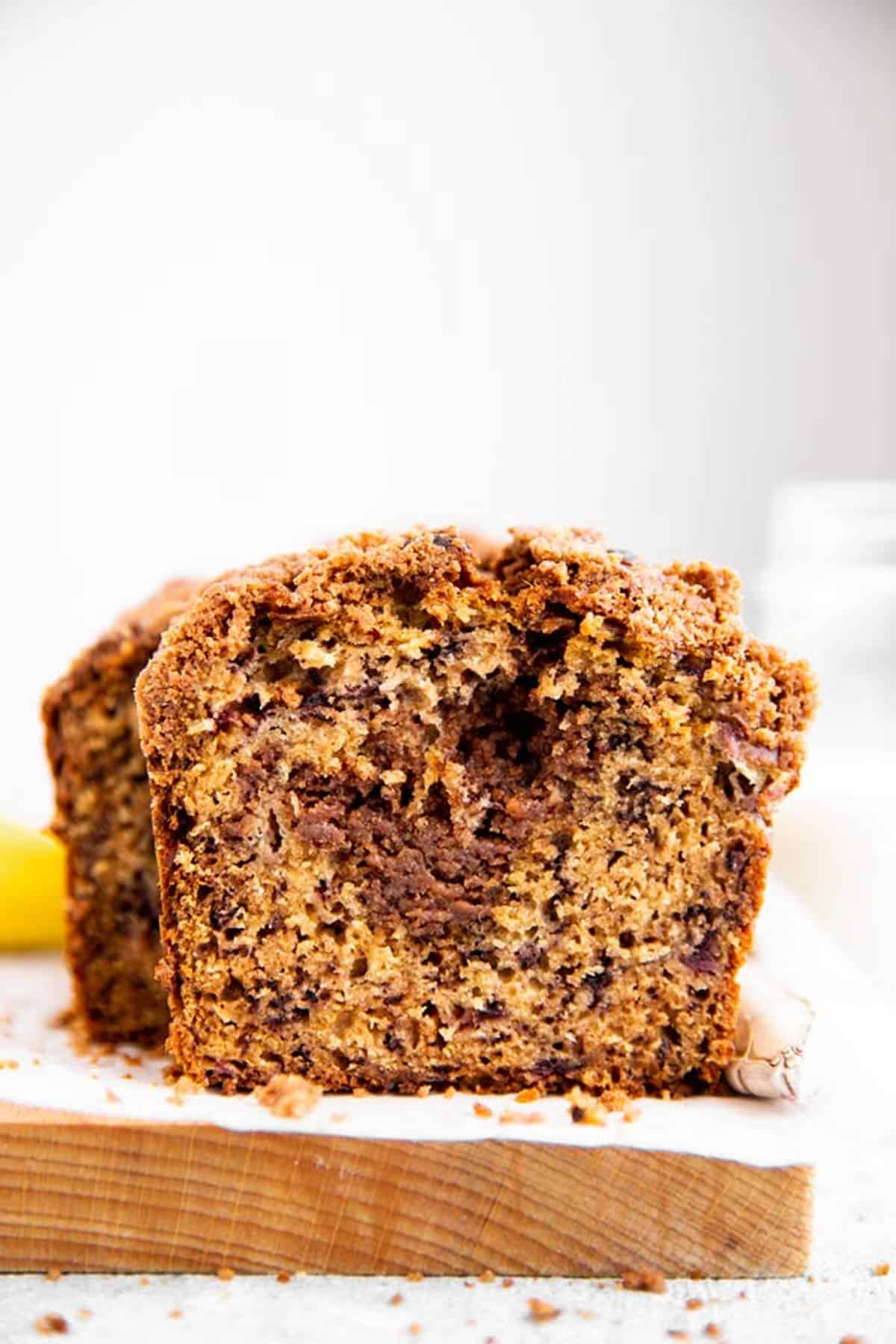 frontal view of sliced banana bread with cinnamon swirl